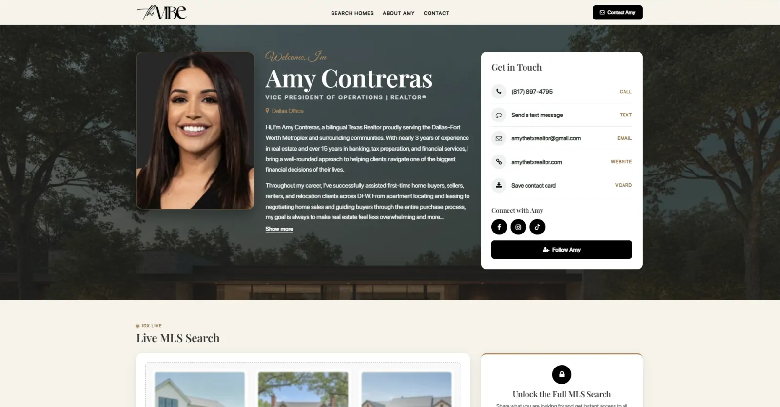Agent landing page for Amy Contreras at The Vibe Brokerage: full-width hero photo, get-in-touch card with one-tap call, text, email, and save contact, and a live MLS property search
