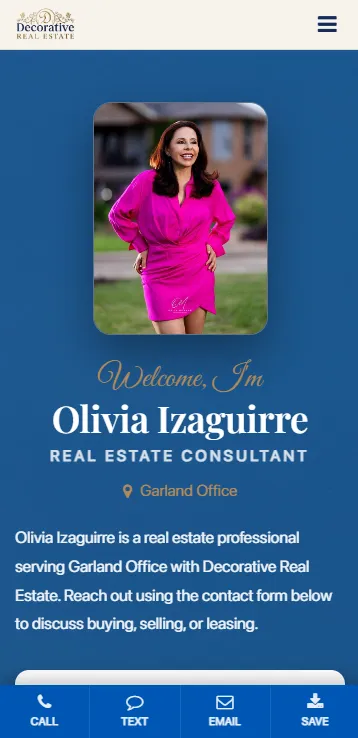 Mobile agent landing page for Olivia Izaguirre at Decorative Real Estate, showing the fixed call, text, email, and save action bar