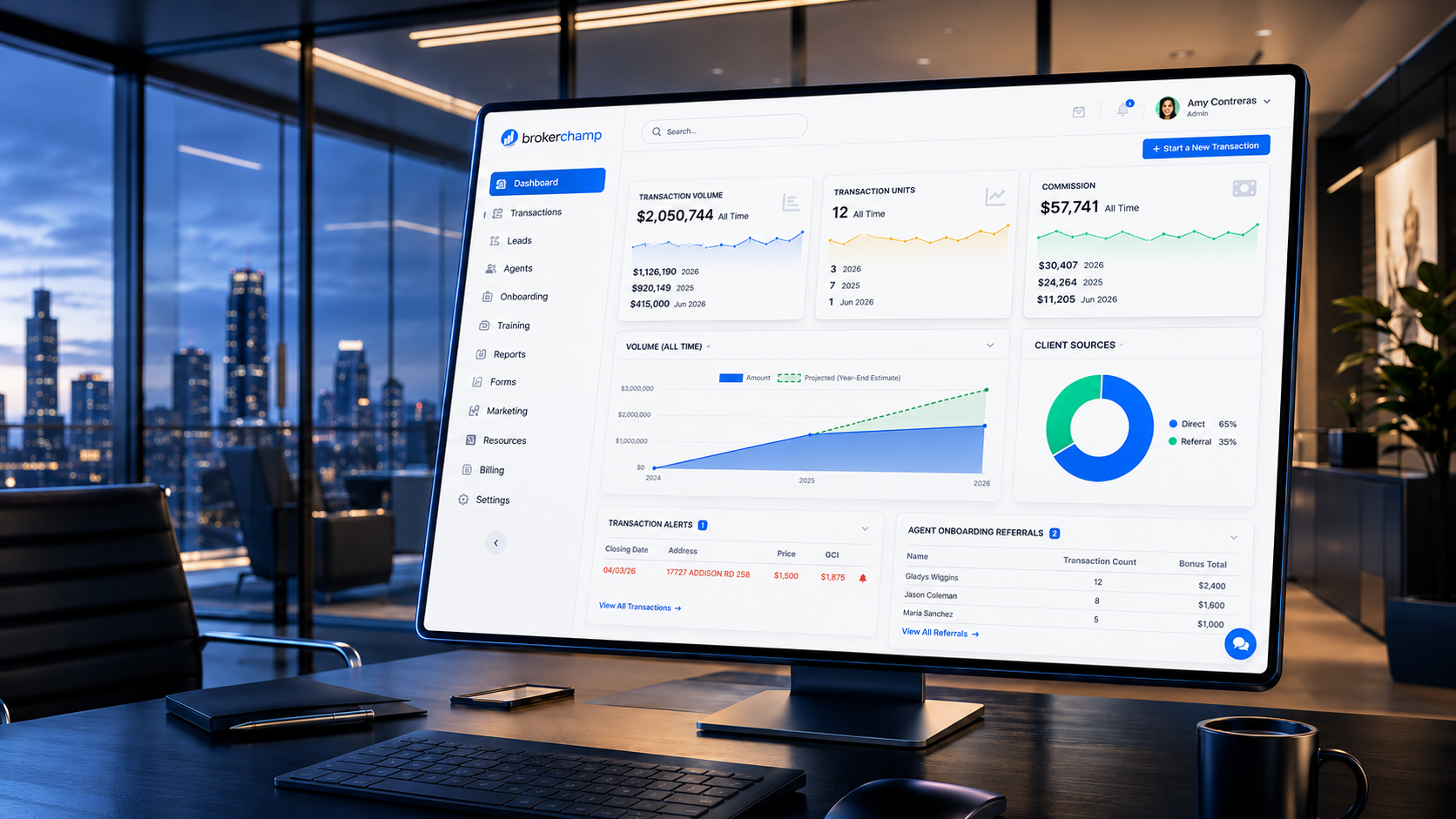 BrokerChamp Command Center dashboard showing live brokerage activity at The Vibe Brokerage