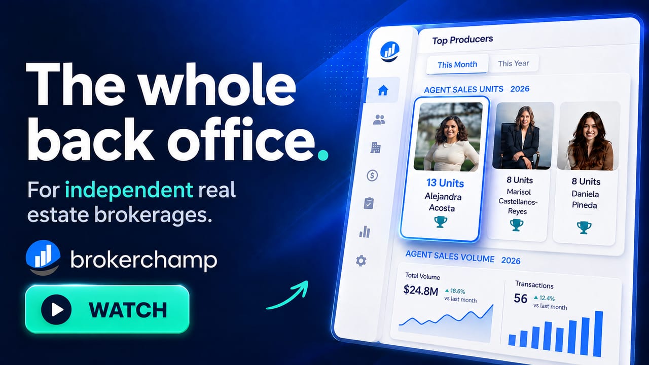 BrokerChamp video thumbnail: the whole back office, for independent real estate brokerages, shown beside a top-producer dashboard
