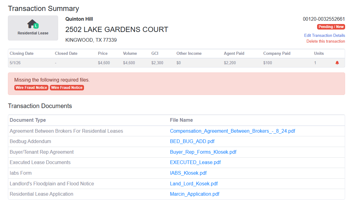 BrokerChamp transaction file showing required-paperwork checklist with missing documents flagged
